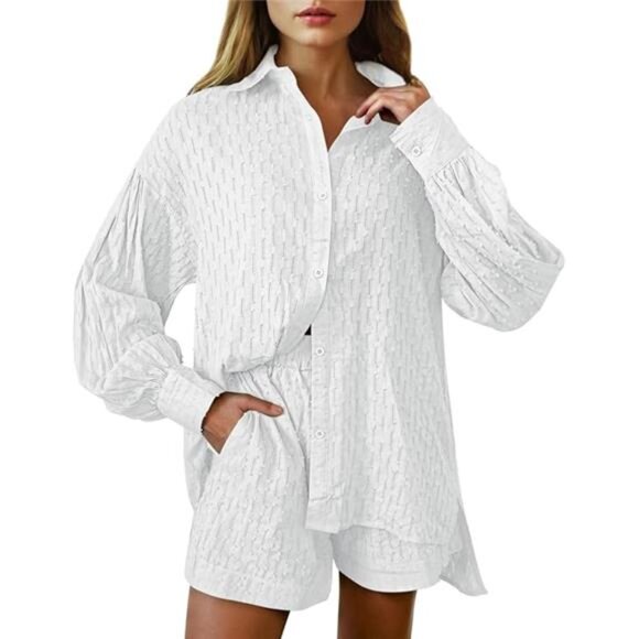 Women's 2 Piece Outfits Oversized Long Puff Sleeve Blouse Shirt High Waisted - Picture 7 of 7